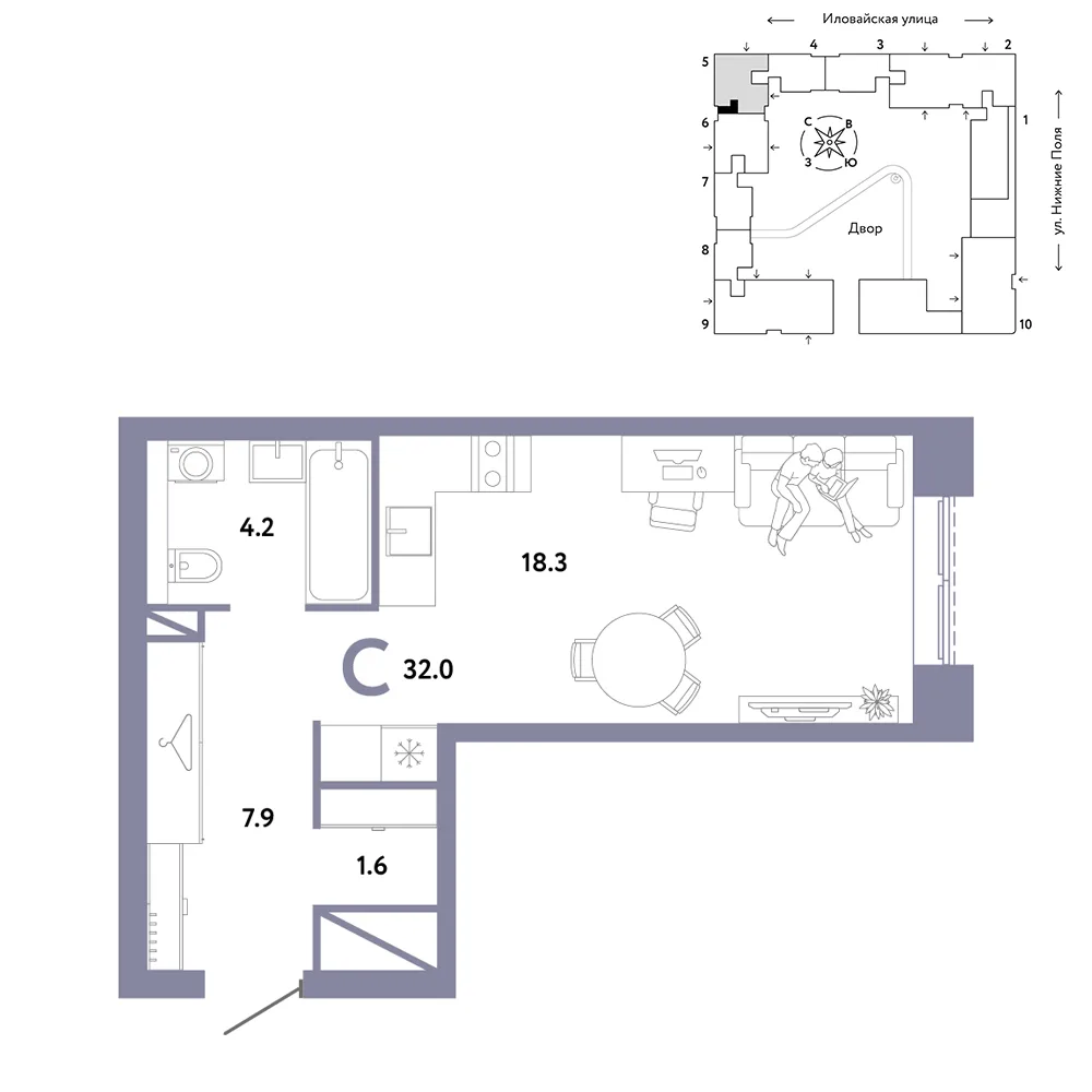 Планировка Студия, 32 м² ЖК «Страна.Заречная»