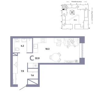 Планировка Студия, 32 м² ЖК «Страна.Заречная»