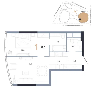 Планировка 1-комн. квартира, 51 м² ЖК «АУРУС Резиденции»