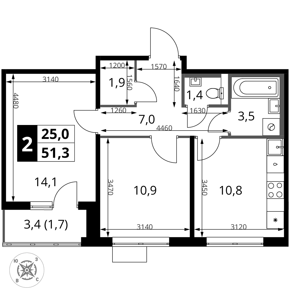 Планировка 2-комн. квартира, 51.3 м² ЖК «1-й Шереметьевский»