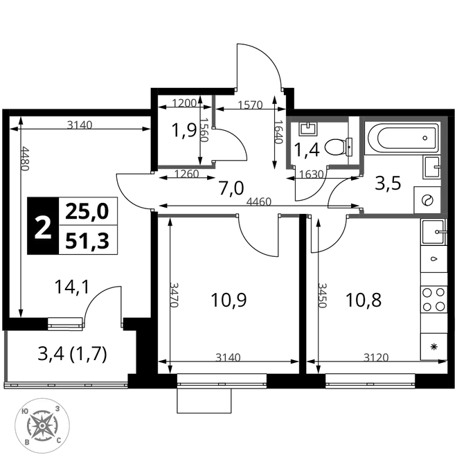 Планировка 2-комн. квартира, 51.3 м² ЖК «1-й Шереметьевский» Планировка 2-комн. квартира, 51.3 м² ЖК «1-й Шереметьевский»