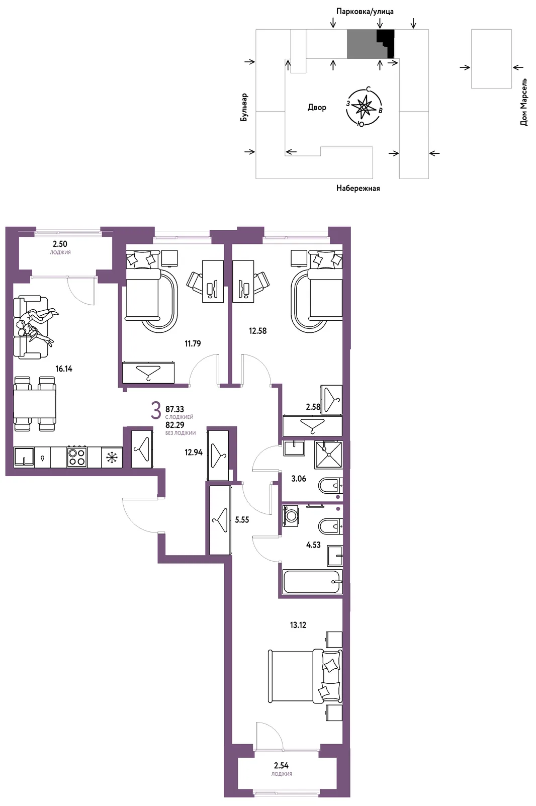 Планировка 3-комн. квартира, 87.33 м² ЖК «Европейский берег 2.0»