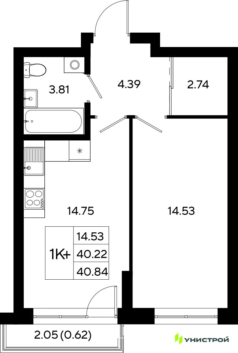 Планировка 1-комн. квартира, 40.84 м² ЖК «Уникод На Залесной»
