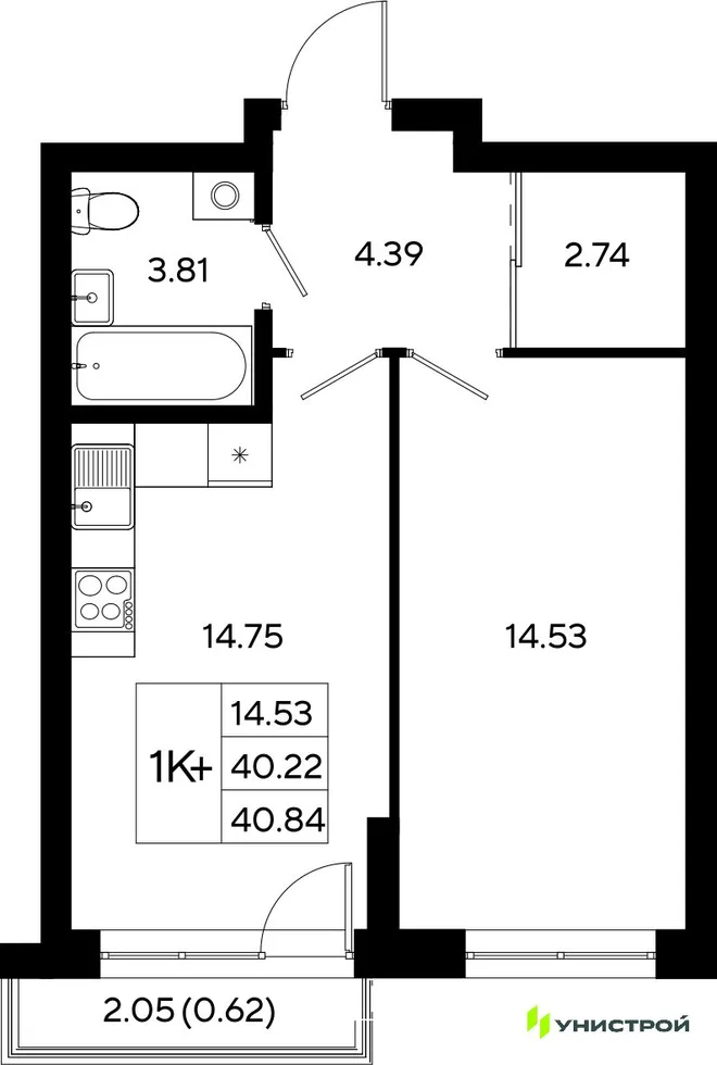 Планировка 1-комн. квартира, 40.84 м² ЖК «Уникод На Залесной» Планировка 1-комн. квартира, 40.84 м² ЖК «Уникод На Залесной»