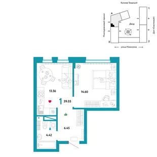 Планировка 1-комн. квартира, 39.03 м² ЖК «Микрорайон Домашний»