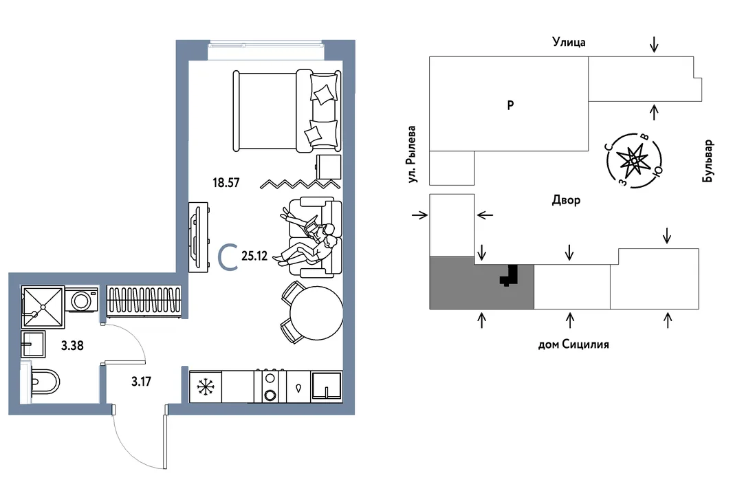 Планировка Студия, 25.12 м² ЖК «Остров-сад»
