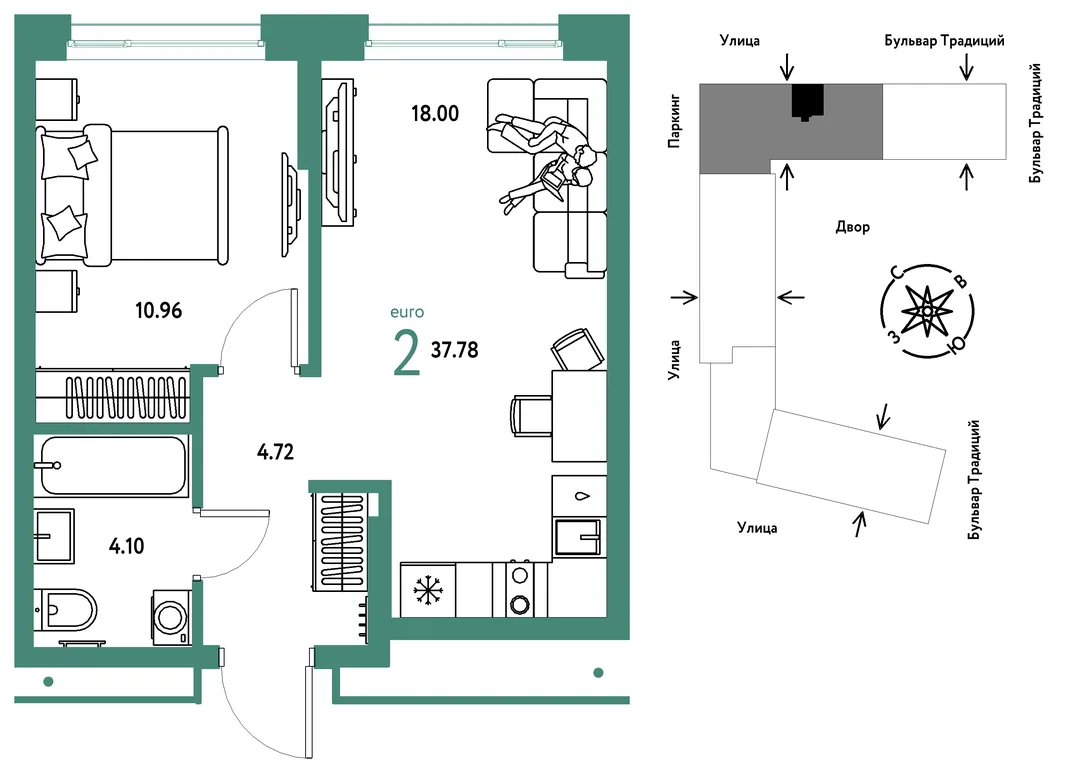 Планировка 2-комн. квартира, 37.78 м² ЖК «Микрорайон Домашний»