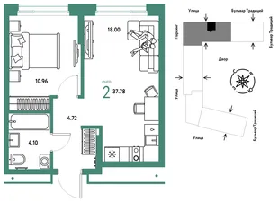 Планировка 2-комн. квартира, 37.78 м² ЖК «Микрорайон Домашний»