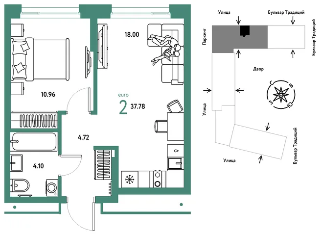 Планировка 2-комн. квартира, 37.78 м² ЖК «Микрорайон Домашний» Планировка 2-комн. квартира, 37.78 м² ЖК «Микрорайон Домашний»