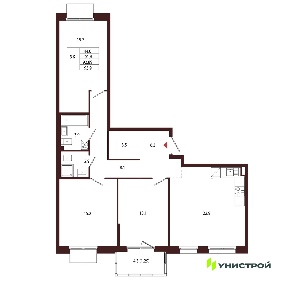 Планировка 3-комн. квартира, 92.89 м² ЖК «Лисино»