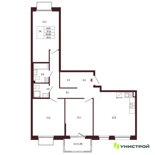 Планировка 3-комн. квартира, 92.89 м² ЖК «Лисино»