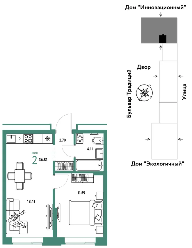 Планировка 2-комн. квартира, 36.81 м² ЖК «Микрорайон Домашний» Планировка 2-комн. квартира, 36.81 м² ЖК «Микрорайон Домашний»