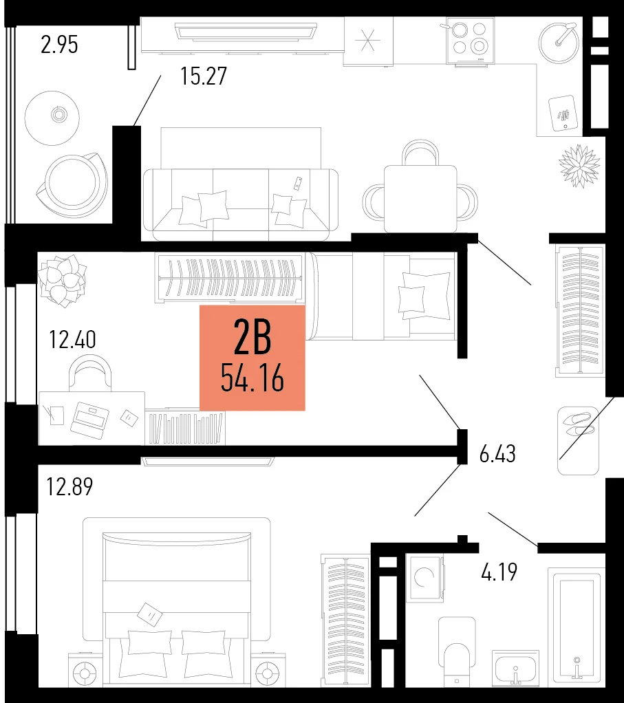 Планировка 2-комн. квартира, 54.16 м² ЖК «Столицыно»