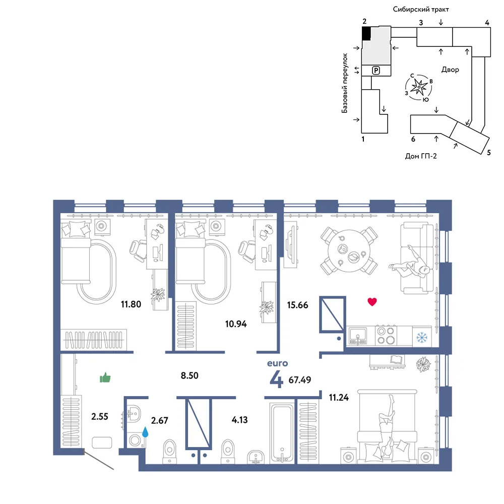 Планировка 4-комн. квартира, 67.49 м² ЖК «Сибирский сад»