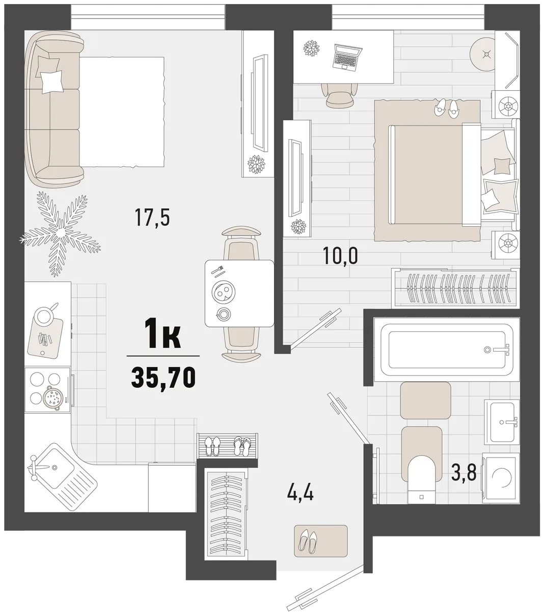 Планировка 1-комн. квартира, 35.7 м² ЖК «Барса»
