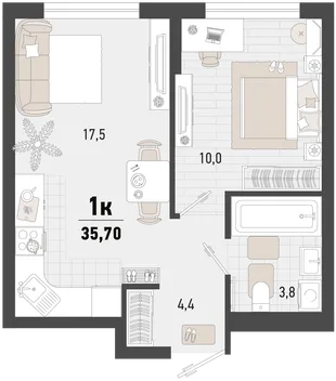 Планировка 1-комн. квартира, 35.7 м² ЖК «Барса»