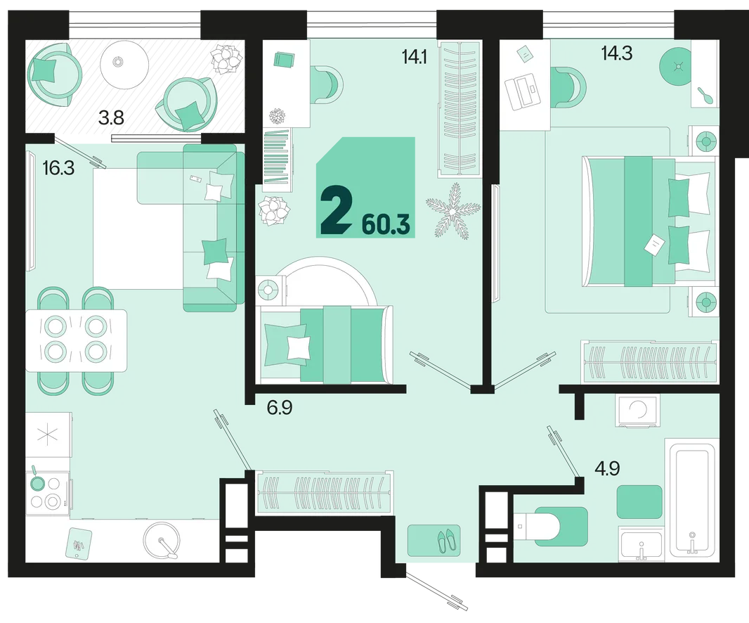 Планировка 2-комн. квартира, 60.3 м² ЖК «Первое место»