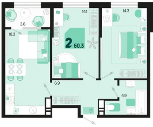 Планировка 2-комн. квартира, 60.3 м² ЖК «Первое место»