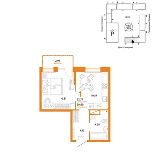 Планировка 1-комн. квартира, 32.77 м² ЖК «Юнион»