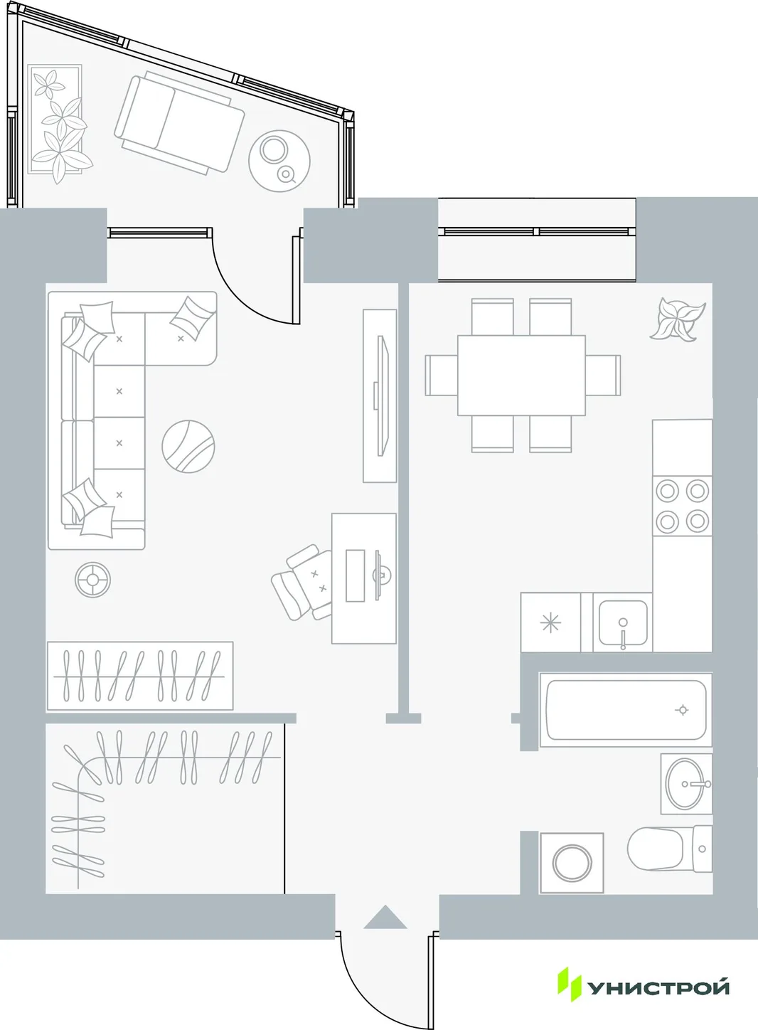 Планировка 1-комн. квартира, 39.42 м² ЖК «Причал»
