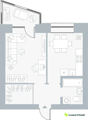Планировка 1-комн. квартира, 39.42 м² ЖК «Причал»