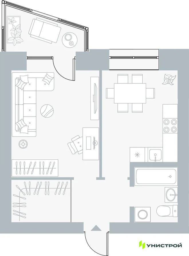 Планировка 1-комн. квартира, 39.42 м² ЖК «Причал» Планировка 1-комн. квартира, 39.42 м² ЖК «Причал»