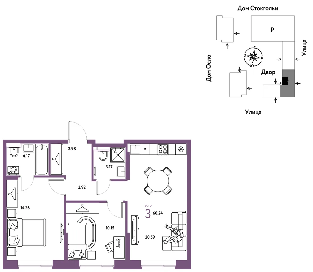 Планировка 3-комн. квартира, 60.24 м² ЖК «Европейский берег 2.0»