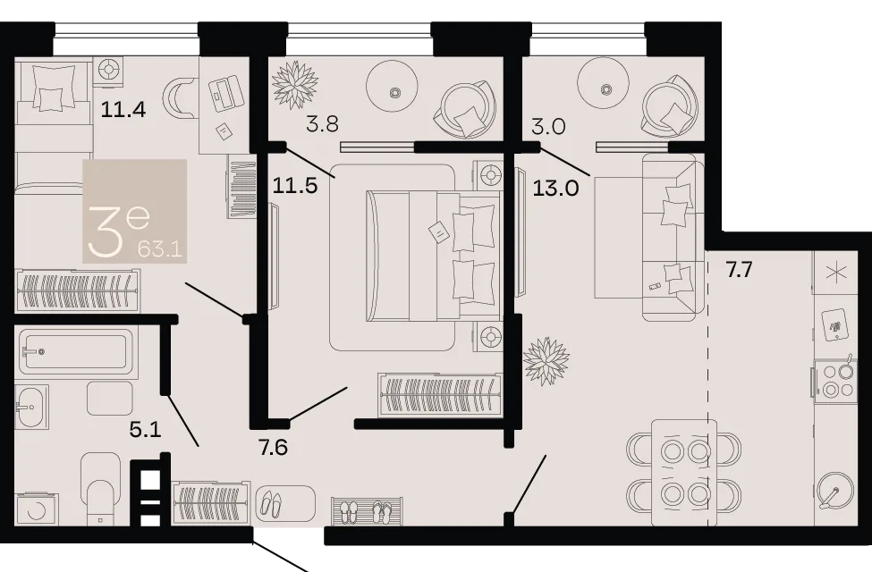 Планировка 3-комн. квартира, 63.1 м² ЖК «Хозяин морей»