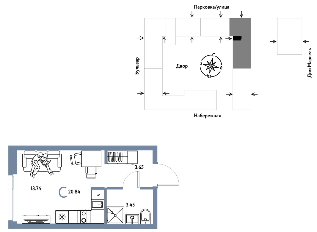 Планировка Студия, 20.84 м² ЖК «Европейский берег 2.0»