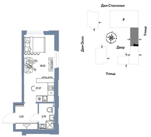 Планировка Студия, 27.57 м² ЖК «Европейский берег 2.0»