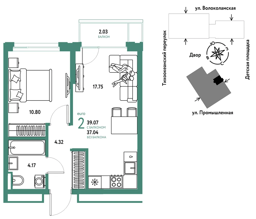 Планировка 2-комн. квартира, 39.07 м² ЖК «Страна Прибрежная»