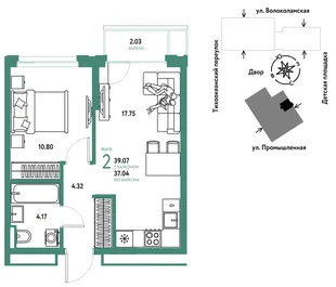 Планировка 2-комн. квартира, 39.07 м² ЖК «Страна Прибрежная»