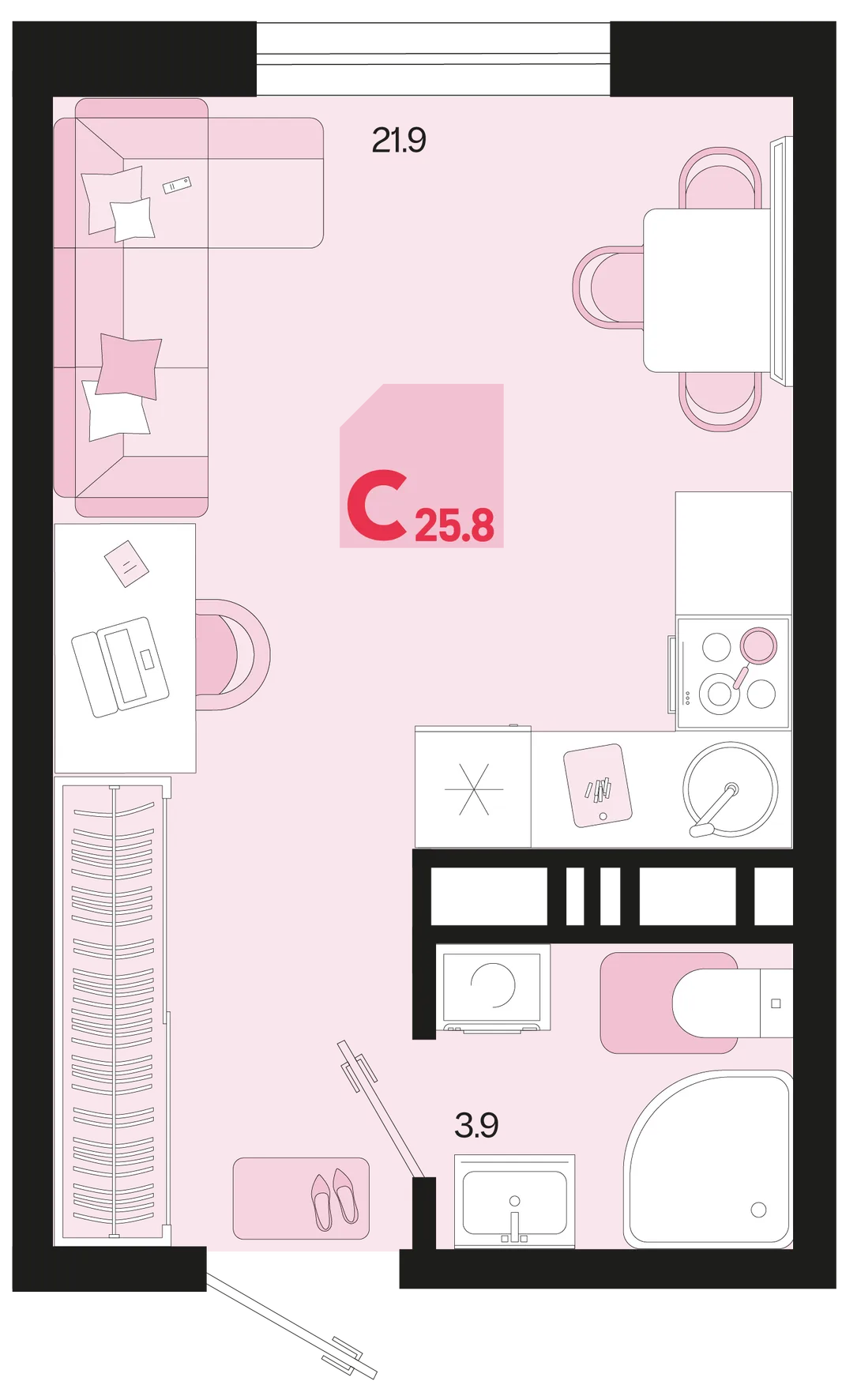 Планировка Студия, 25.8 м² ЖК «Первое место»