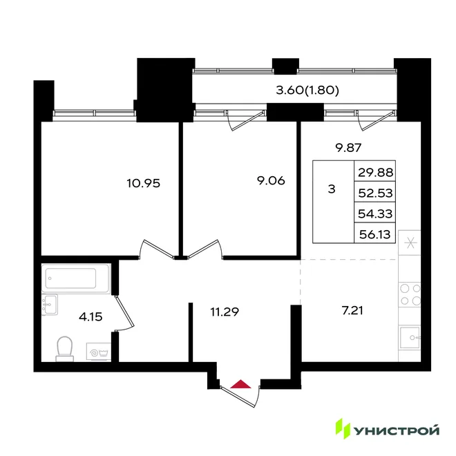 Планировка 3-комн. квартира, 54.7 м² ЖК «Уникум на Энгельса» Планировка 3-комн. квартира, 54.7 м² ЖК «Уникум на Энгельса»