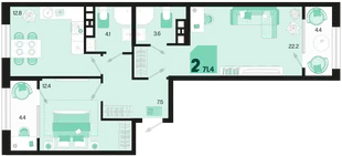 Планировка 2-комн. квартира, 71.4 м² ЖК «Первое место»