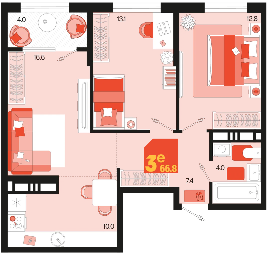 Планировка 3-комн. квартира, 66.8 м² ЖК «Первое место»