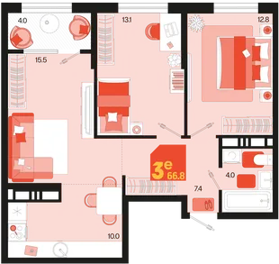 Планировка 3-комн. квартира, 66.8 м² ЖК «Первое место»