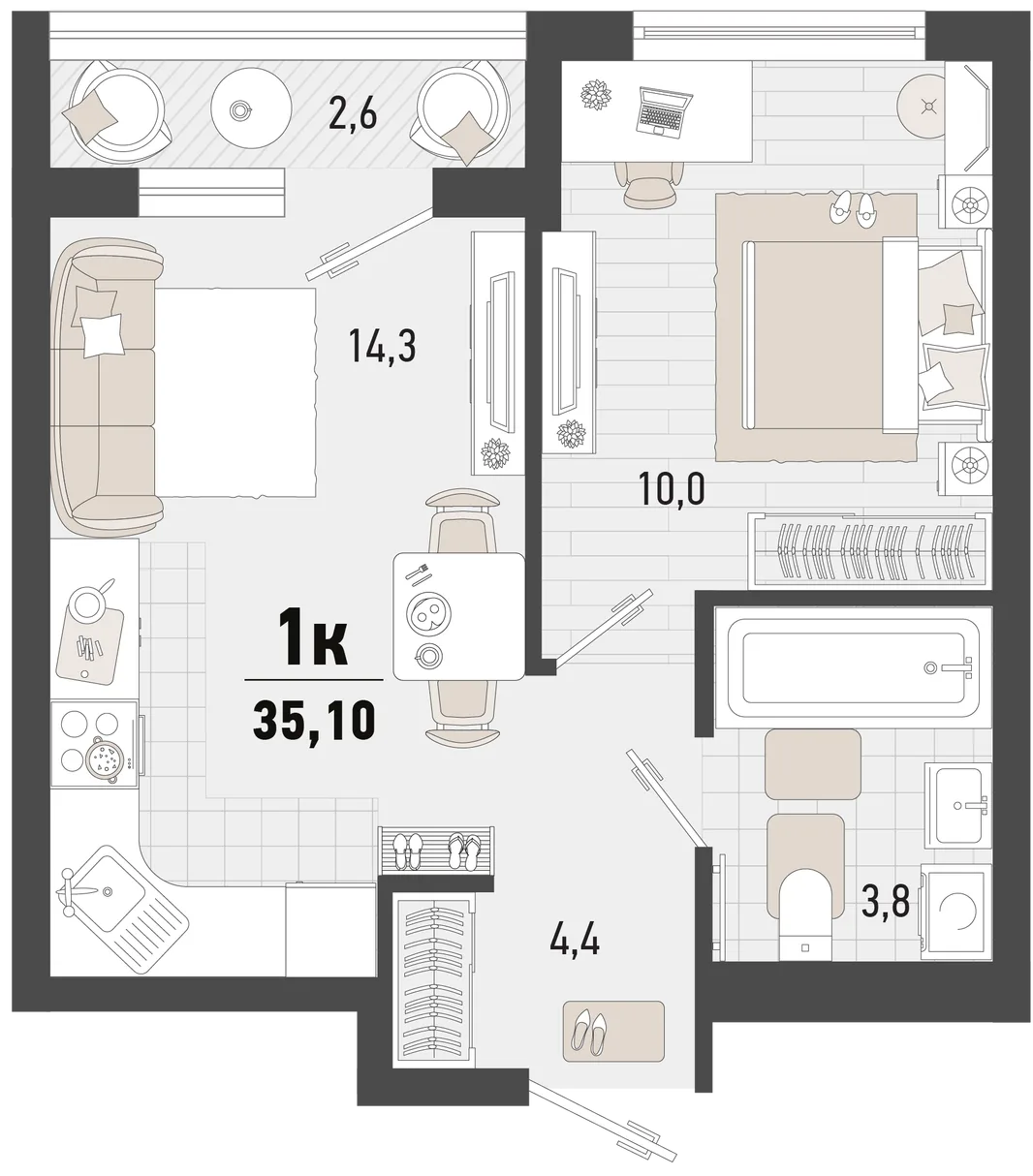 Планировка 1-комн. квартира, 35.1 м² ЖК «Барса»