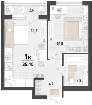 Планировка 1-комн. квартира, 35.1 м² ЖК «Барса»