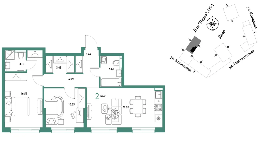 Планировка 2-комн. квартира, 67.01 м² ЖК «Страна.Парковая»
