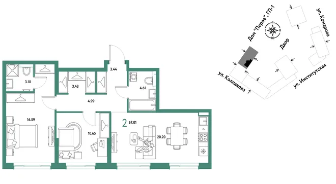 Планировка 2-комн. квартира, 67.01 м² ЖК «Страна.Парковая» Планировка 2-комн. квартира, 67.01 м² ЖК «Страна.Парковая»