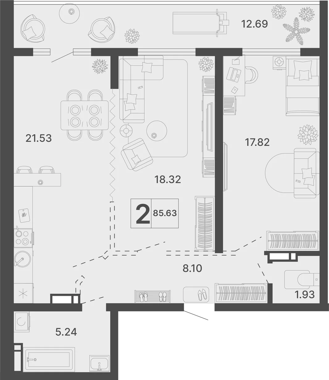 Планировка 2-комн. квартира, 85.63 м² ЖК «Светский лес»