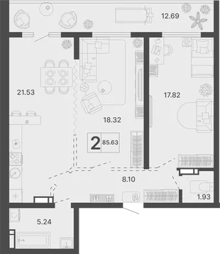 Планировка 2-комн. квартира, 85.63 м² ЖК «Светский лес»