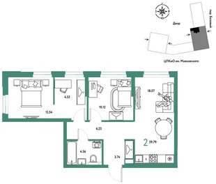 Планировка 2-комн. квартира, 59.79 м² ЖК «Сибирский сад»