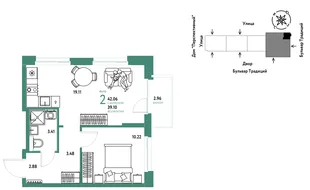Планировка 2-комн. квартира, 42.06 м² ЖК «Микрорайон Домашний»