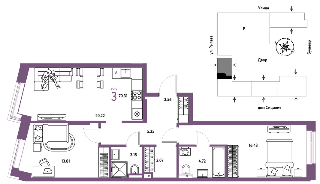 Планировка 3-комн. квартира, 70.31 м² ЖК «Остров-сад»