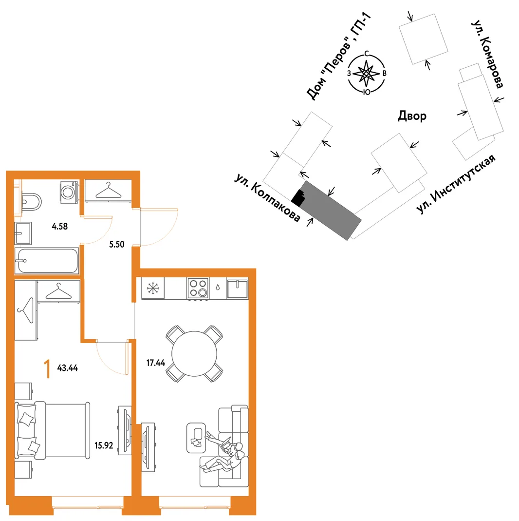 Планировка 1-комн. квартира, 43.44 м² ЖК «Страна.Парковая»