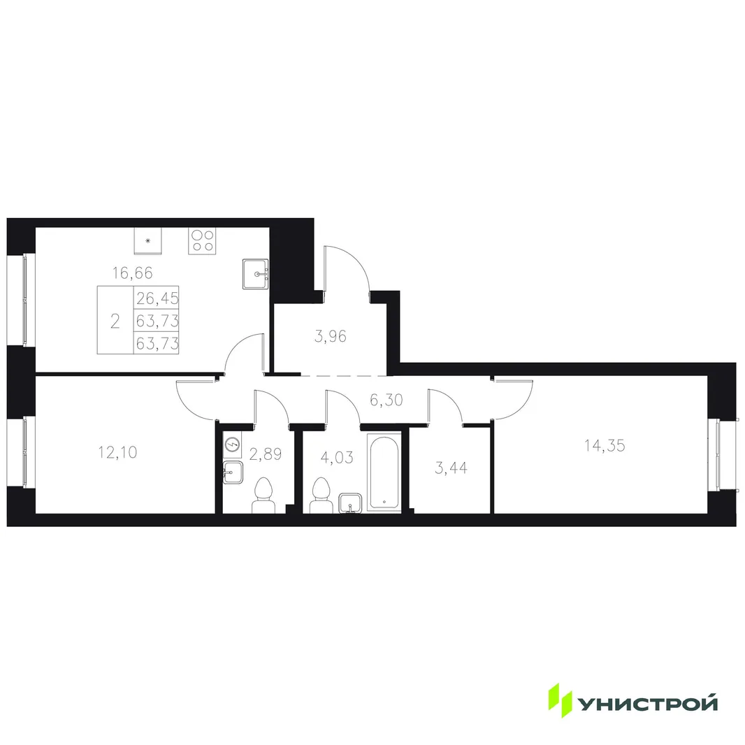 Планировка 2-комн. квартира, 63.73 м² ЖК «Statum»