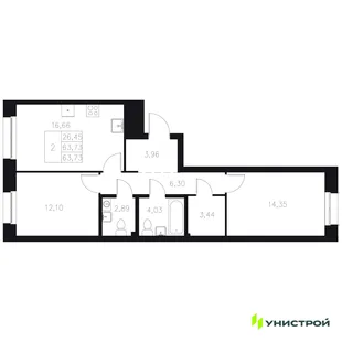 Планировка 2-комн. квартира, 63.73 м² ЖК «Statum»