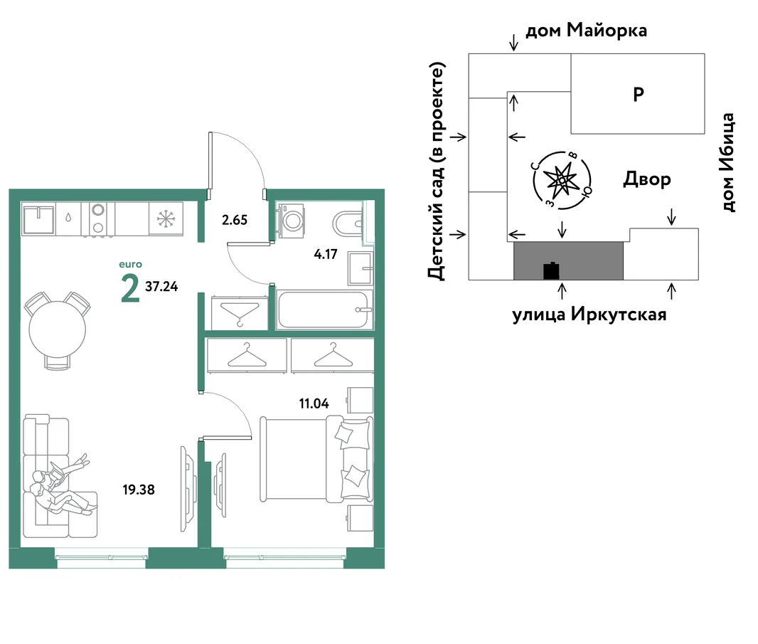Планировка 2-комн. квартира, 37.24 м² ЖК «Остров-сад»